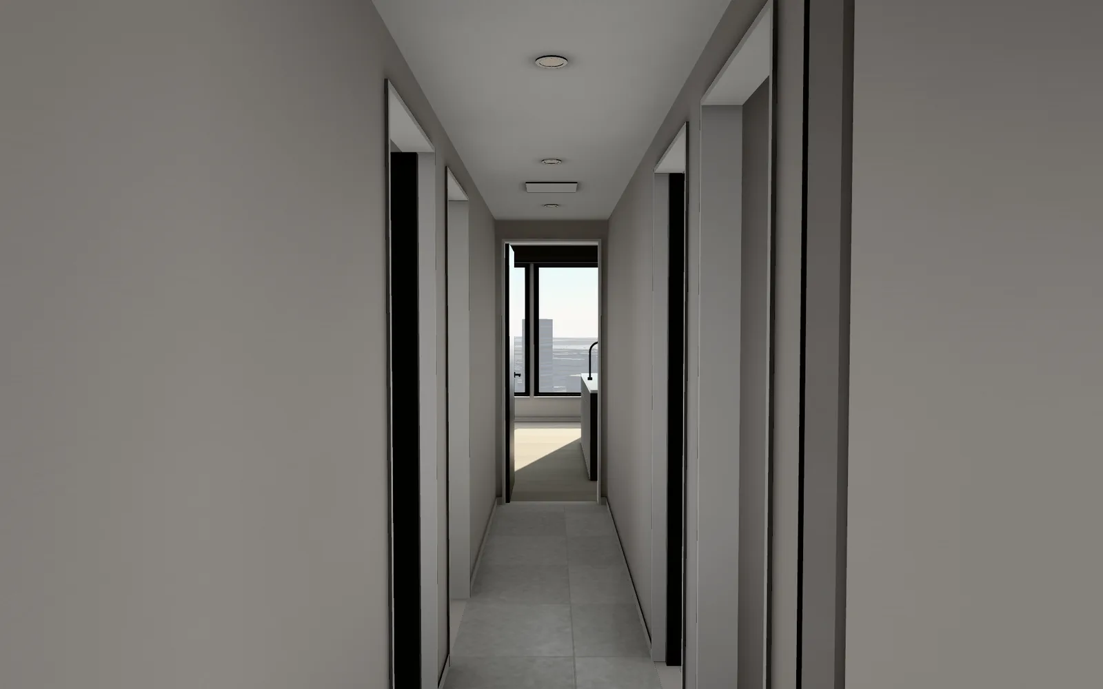 3Dの室内の画面(CG):玄関の横の廊下から、奥の LDK のドアのほうを見た様子