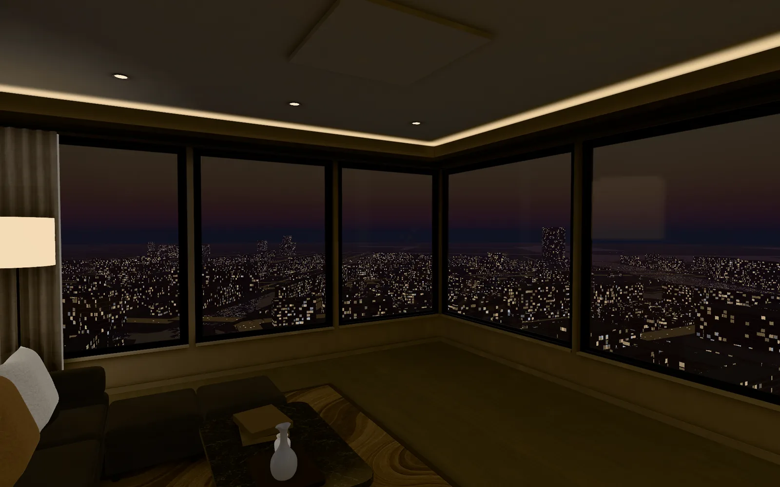 3Dの室内の画面(CG):同じ LDK の角の窓辺の夜の様子(照明あり)