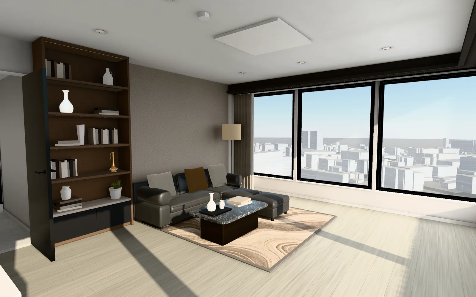 3Dの室内の画面(CG):LDK の窓辺の昼の様子