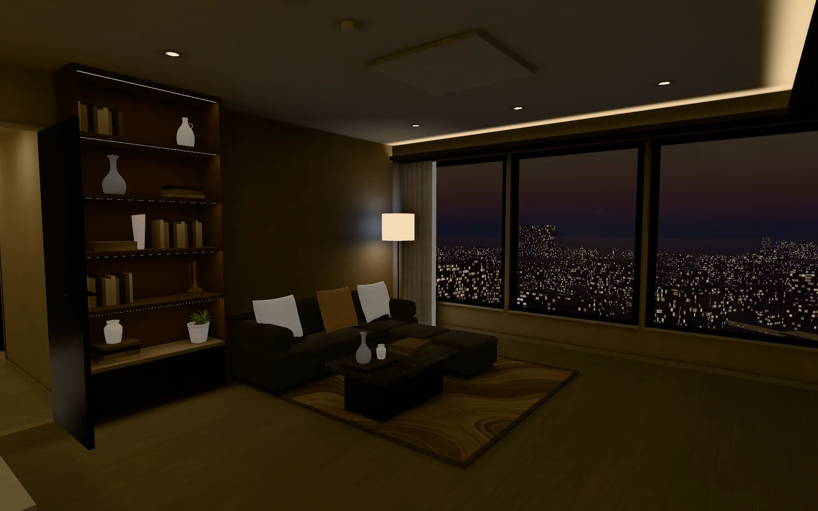 3Dの室内の画面(CG):LDK の窓辺の夜の様子(照明あり)