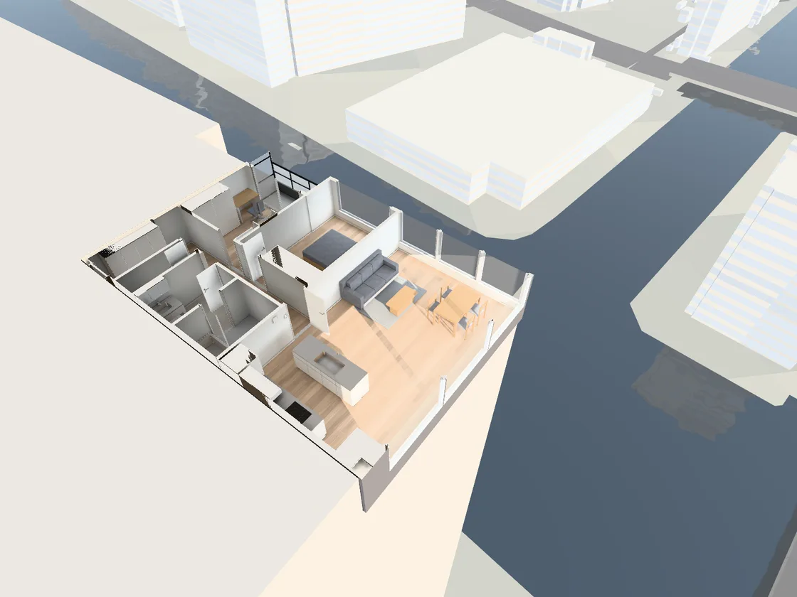 見本の住戸を、建物の上の斜め後ろから見下ろした3Dの画面。塔の角にある住戸の切り抜きと、まわりの建物と運河が見える。