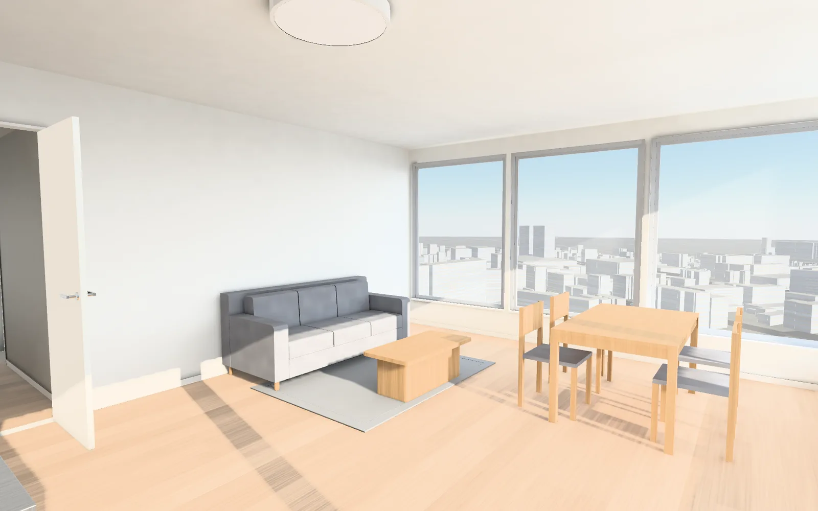 3Dの室内の画面(CG、標準の内容と標準家具):LDK の昼の様子