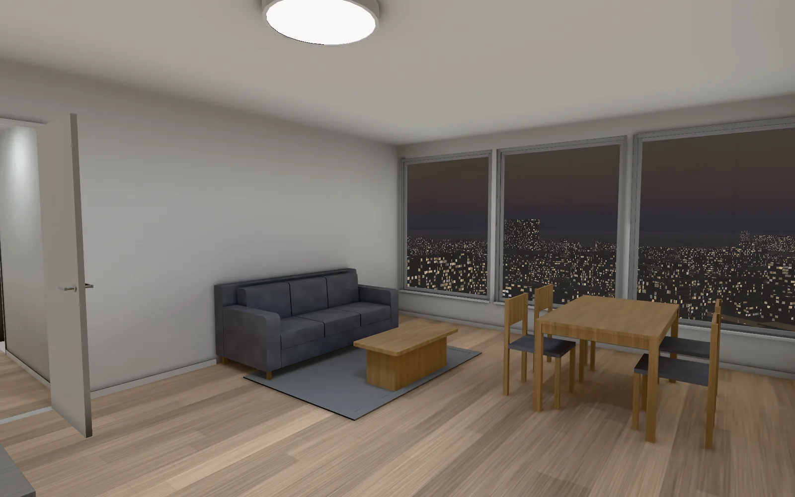 3Dの室内の画面(CG、標準の内容と標準家具):LDK の夜の様子(照明あり)